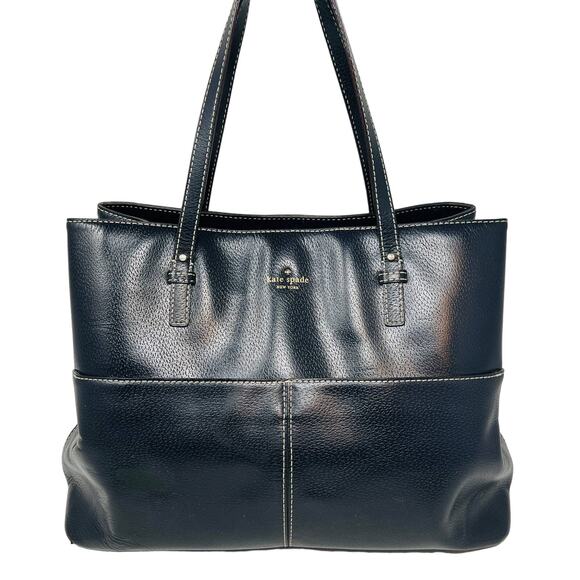 Kate Spade Large Smooth Finished Leather Tote Satchel Handle Black - Picture 1 of 11